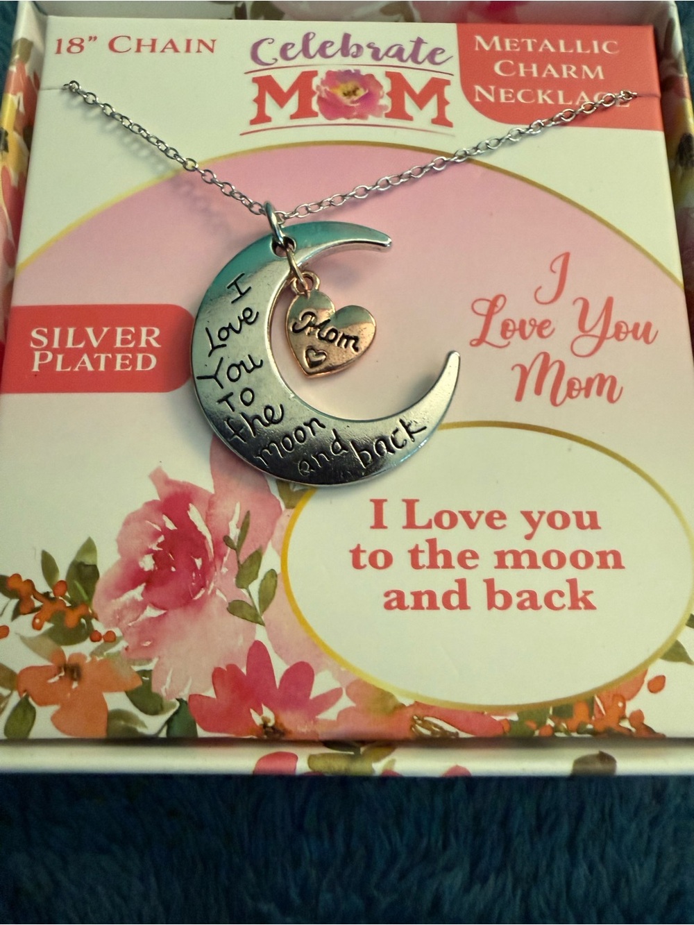 Helix Silver and Gold-Tone Moon & Heart 'Mom' Necklace 18”